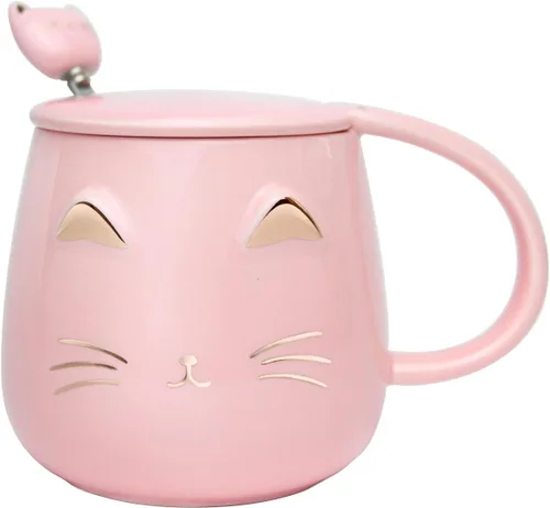 Miniatura 7 de Yuwu Taza de café con diseño de gato, regalo para los amantes de los gatos, taza de cerámica, taza novedosa con tapa y cuchara de acero inoxidable