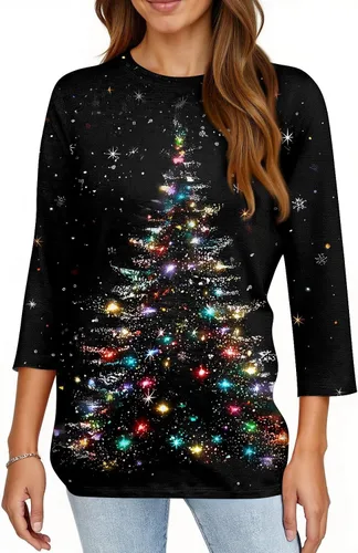 Miniatura 7 de Camisetas de manga 3/4 para mujer, cuello redondo, holgadas, casuales, con estampado floral, camisetas de moda para el trabajo de negocios