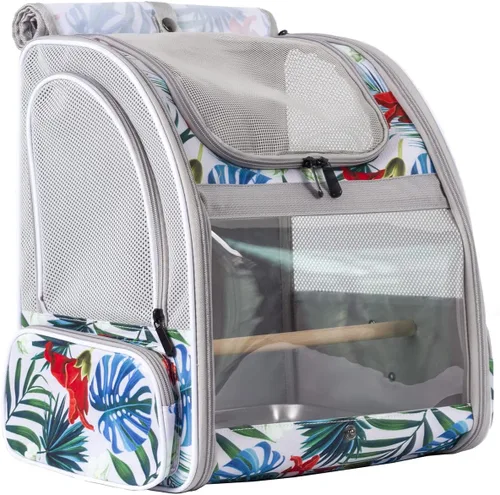 Miniatura 15 de Porta pájaros de viaje con soporte y percha, jaula transpirable para loros, portador de pájaros para senderismo, aprobado para aerolíneas Gris