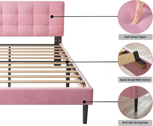 Miniatura 6 de Lijimei Base de cama de tamaño matrimonial con cabecero, base de cama tapizada con soporte de listones de madera y cabecera de plataforma, base