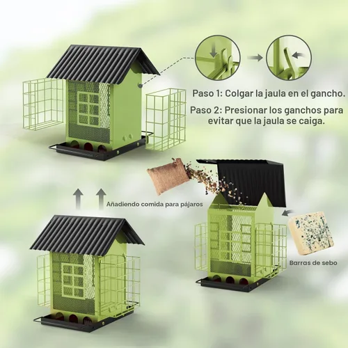 Miniatura 8 de FlowaFoli Comederos para pájaros para colgar al aire libre, comedero de metal para pájaros con doble jaula de sebo para pasteles, gran capacidad