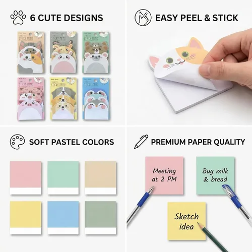 Miniatura 3 de Lindas notas adhesivas paquete de 6 – 270 hojas de notas autoadhesivas, notas adhesivas de dibujos animados Kawaii para planificador, suministros