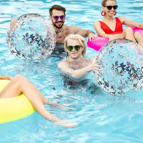 Miniatura 5 de Civaner 6 bolas de playa inflables plateadas de verano con purpurina de 24 pulgadas, bolas de piscina grandes con confeti brillante, transparentes