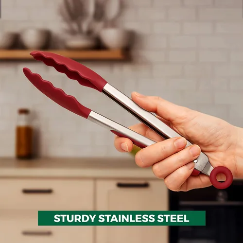Miniatura 5 de Freshware Pinzas de cocina de acero inoxidable para cocinar con puntas de silicona, pinzas de silicona para asar a la parrilla, servir alimentos