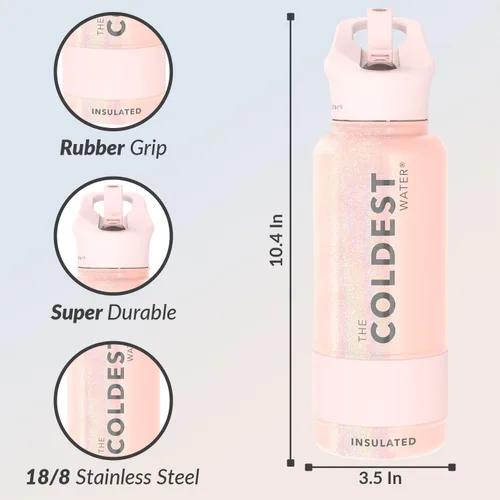 Miniatura 3 de Coldest - Botella para agua con tapa que incluye pajilla, térmica y metálica (acero inoxidable), para hombres y mujeres, color rosa brillante