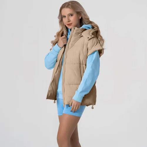 Miniatura 39 de Shiyifa Chaleco acolchado para mujer, chaqueta de gran tamaño, sin mangas, ligera, con cremallera, con capucha desmontable
