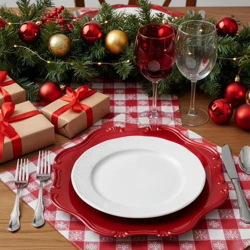 Miniatura 4 de ZOOFOX Juego de 12 salvamanteles rojos, salvamanteles metálicos de 13" con bordes festoneados para plato de cena, platos de servicio decorativos