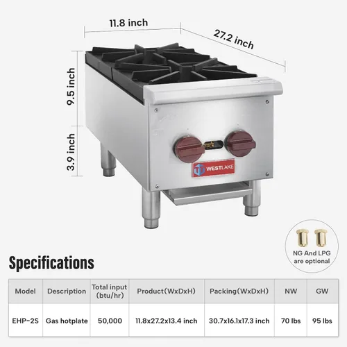 Miniatura 2 de WESTLAKE Cocina de gas comercial para encimera, 2 quemadores de gas natural y propano con 50,000 BTU, estufa de cocina de encimera de 12 pulgadas