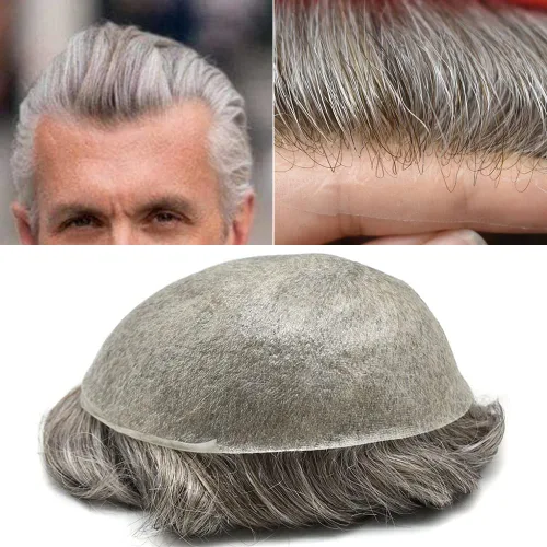 Miniatura 7 de Tupé para hombre, extensiones de cabello humano Remy para hombre, piel fina, 0.002 in, sistema de reemplazo de cabello con bucle en V para hombres