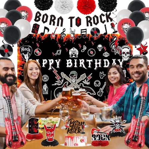 Miniatura 3 de Crenics Decoraciones de Fiesta de Cumpleaños Rock and Roll - Telón de Fondo de Feliz Cumpleaños, Pancarta Born to Rock, Remolinos, Panal de Abeja