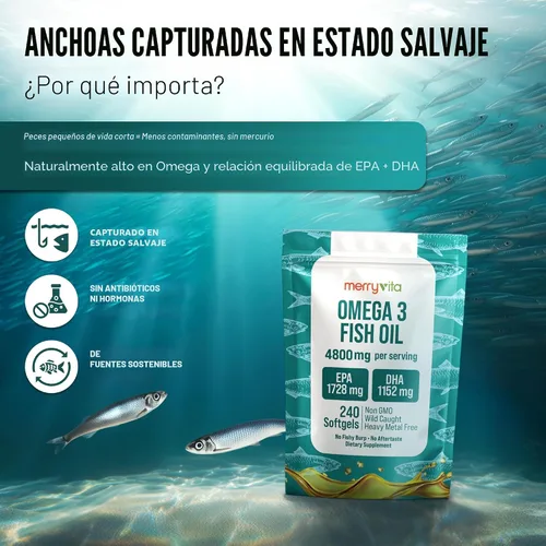 Miniatura 3 de Aceite de pescado Omega 3 4800 mg - EPA 1728 mg DHA 1152 mg de anchoas capturadas en la naturaleza - Mini cápsulas blandas sin eructos
