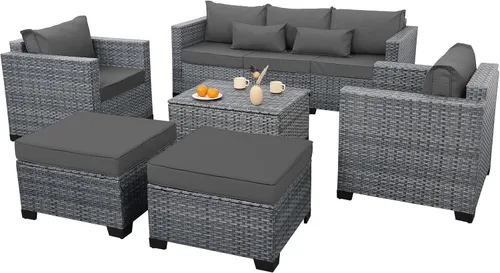 Miniatura 8 de Lviden Juego de 6 muebles de mimbre para patio, juego de conversación al aire libre, sofá seccional de ratán de polietileno de alta densidad