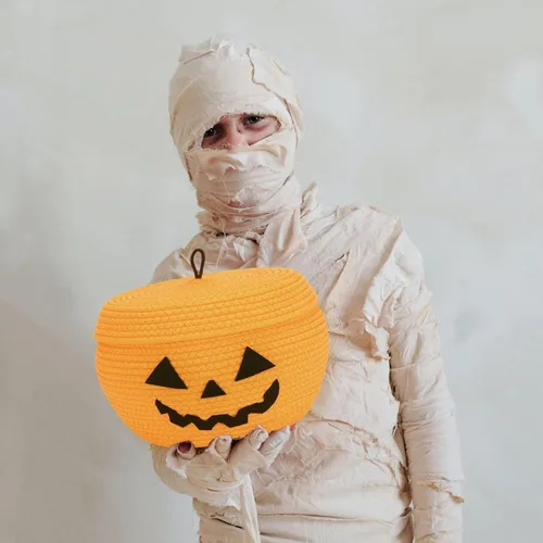 Miniatura 2 de Sea Team Cesta redonda de almacenamiento de cuerda de algodón con tapa, cesta de almacenamiento tejida de calabaza de Halloween, maceta, caddy