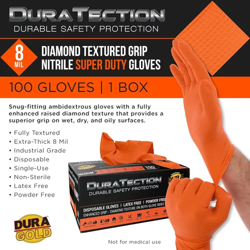 Miniatura 2 de Dura-Gold Duratection - Guantes desechables de nitrilo con textura de diamante, 8 mil color naranja