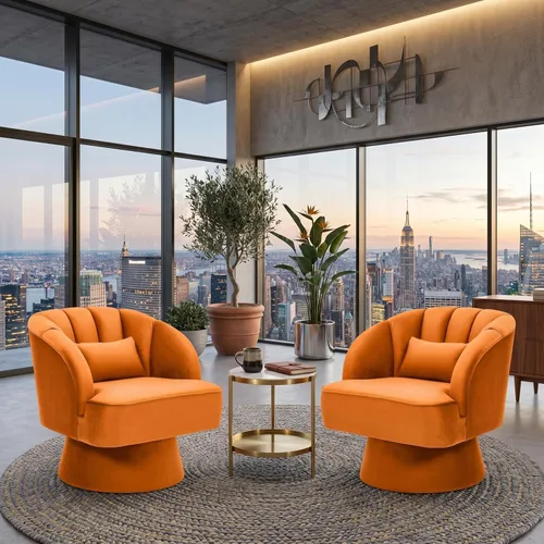 Miniatura 26 de GarveeHome Silla de acento moderna giratoria de barril, sillón tapizado de terciopelo de 360 grados con respaldo a rayas y acolchado suave, cómoda
