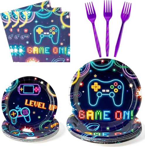 96 platos de fiesta de videojuegos, suministros de neón para fiestas, decoraciones de vajilla que brillan en la oscuridad, platos de papel