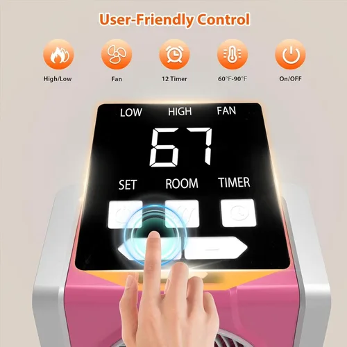 Miniatura 4 de HEATIT Calentador de espacio para interiores, pantalla digital con termostato, temporizador de 1-12 horas, modo de ventilador, 1500 W/750 W, Rosa