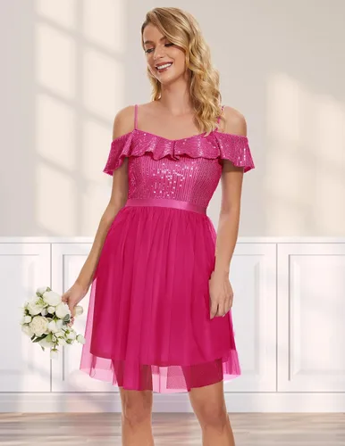 Miniatura 4 de Wedtrend Vestido de lentejuelas para mujer, vestido semiformal brillante con tirantes delgados, vestido corto de graduación con purpurina