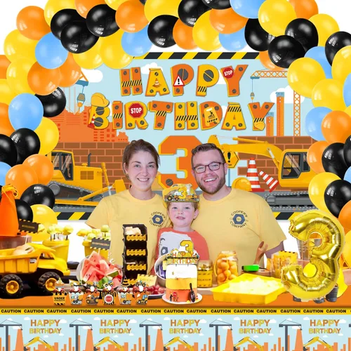 Miniatura 6 de Suministros de fiesta de cumpleaños de construcción para niños de 3 años, 139 piezas de decoraciones de fiesta de camión volquete para niños
