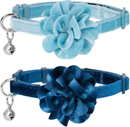 Miniatura 11 de azuza Paquete de 2 collares de gato floral con campana y corbatín de flores extraíble, ajustable, tela de terciopelo para mascotas, decoración