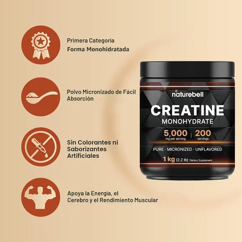 Miniatura 5 de NatureBell Polvo de Creatina Monohidrato 1,000g, 5,000mg por porción Micronizado, Puro y Sin Sabor Apoyo Muscular Pre-Entrenamiento Keto