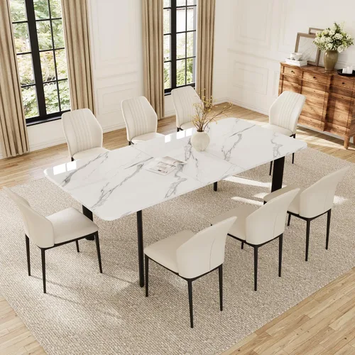Miniatura 10 de HIPIHOM Mesa de comedor extensible para 6-8 personas, mesa rectangular de 63 a 78.7 pulgadas, MDF blanco con patas de metal resistentes, ahorro