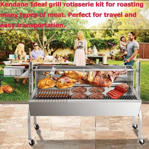 Miniatura 6 de Kendane Parrilla con Asador Giratorio a Carbón, Parrillón de Acero Inoxidable de 46 Pulgadas con Cubierta para Cerdo y Cordero, Asador a Carbón