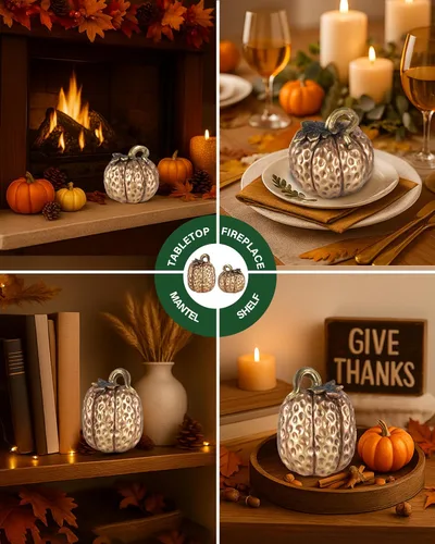 Miniatura 4 de GoGnome Juego de 2 figuras de calabaza de resina dorada, decoraciones texturizadas de cosecha de otoño para centro de mesa, decoración de Acción