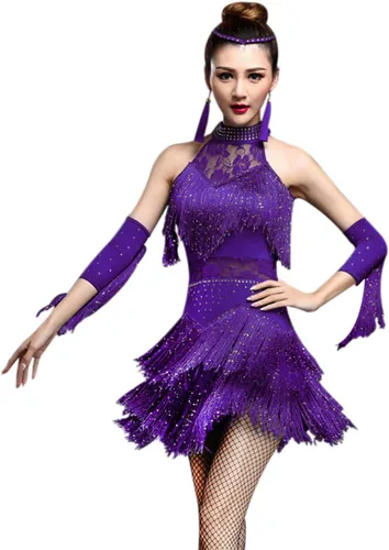 ZX - Vestido de baile para mujer, con diamantes de imitación, lentejuelas, flecos, flapper, vestido de fiesta, salsa latina, baile de salón de