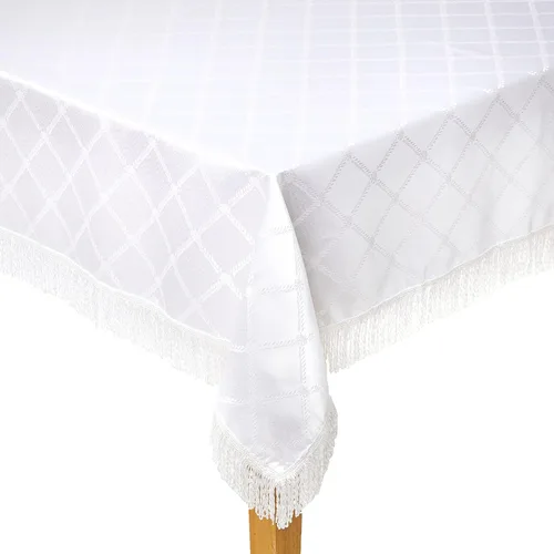 Miniatura 2 de Violet Linen Mantel con flecos con diseño de damasco de diamante, color beige, cuadrado de 54 x 54 pulgadas