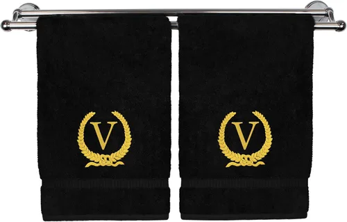 Miniatura 14 de Toalla de mano con monograma, regalo personalizado, 16 x 30 pulgadas, diseño de corona dorada bordada con letra blanca en toalla negra, extra