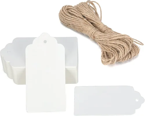 Miniatura 10 de 100 etiquetas de precios G2PLUS de papel de estraza, con una cuerda marrón e ideales para empaques, manualidades, bodas, Navidad, Día de Acción