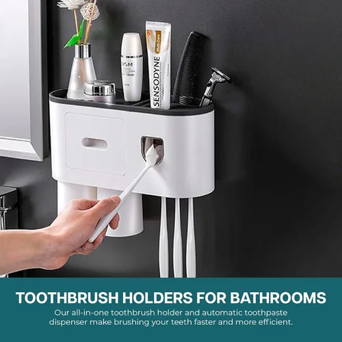 Miniatura 5 de Soporte para cepillo de dientes para baño, 2 tazas, montado en la pared con dispensador automático de pasta de dientes, bandeja de gran capacidad