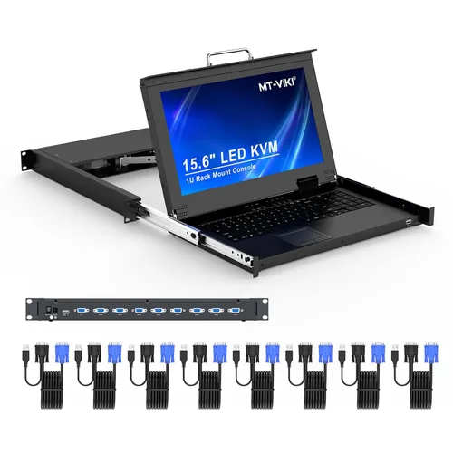 Miniatura 13 de MT-VIKI Consola KVM HDMI de 8 puertos, consola KVM de montaje en rack 1U con monitor LCD de 15.6 pulgadas, panel táctil integrado de profundidad