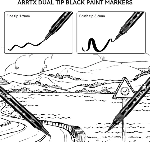 Miniatura 6 de Arrtx Paquete de 8 rotuladores de pintura negra de doble punta, marcadores de pintura acrílica grafiti negros para pintar sobre roca, papel, madera