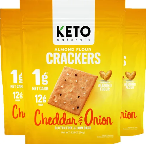 Keto Crackers galletas bajas en carbohidratos (cheddar y cebolla), galletas cetogénicas, casi cero carbohidratos sin azúcar (paquete de 3) harina de