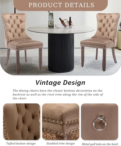 Miniatura 5 de Juego de 4 sillas de comedor de terciopelo tapizadas con ribete de cabeza de clavo y patas de madera maciza para cocina, restaurante, caqui