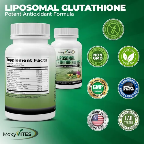 Miniatura 6 de Suplemento de glutatión liposomal de 500 mg – L glutatión puro (GSH) reducido – Forma activa, hecho con alimentos integrales orgánicos, complejo