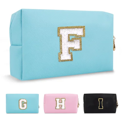Miniatura 156 de Pequeña bolsa de maquillaje personalizada con inicial A-Z Preppy Patch, bolsa de cosméticos de viaje de felpilla blanca con cremallera, bonita bolsa