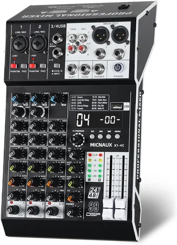 Mezclador de audio de 4 canales, consola mezcladora de sonido profesional con 99 efectos DSP, mezclador de DJ pequeño con USB, Bluetooth, fuente de