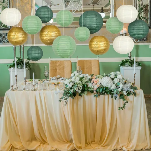 Miniatura 4 de Faroles de papel verde salvia dorados, faroles de papel colgantes redondos para graduación, boda, despedida de soltera, fiesta de cumpleaños