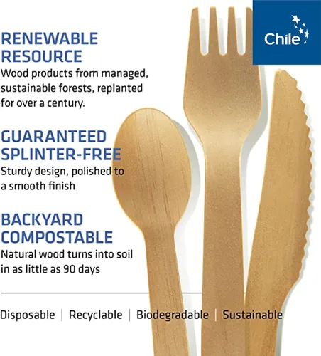 Miniatura 3 de Juego de cubiertos de madera desechables – 100% compostable para el hogar – 100 tenedores de 6.5 pulgadas, utensilios de bambú alternativos