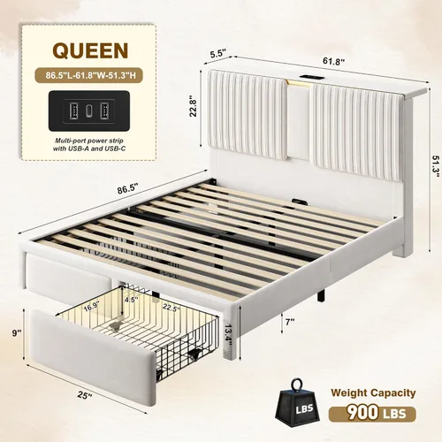 Miniatura 2 de Homkdom Base de cama Queen con cabecera de almacenamiento de terciopelo, 2 cajones grandes y 3 puertos de carga, base de cama de plataforma de 51.3