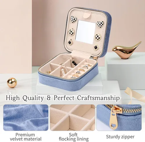 Miniatura 5 de Dajasan Joyero de viaje de terciopelo, mini estuche de joyería de viaje, pequeña caja organizadora de joyas de viaje portátil con espejo