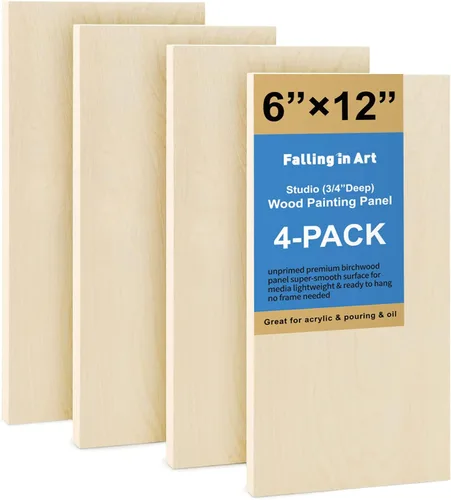 Falling in Art Kit de paneles de madera de abedul sin terminar para pintura, lienzo de madera, paquete de 4 unidades de 6 x 12 pulgadas de estudio,