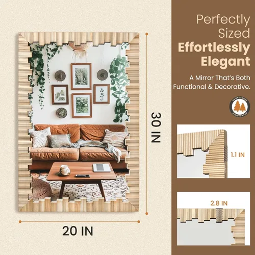 Miniatura 2 de AMOISE Espejo de pared bohemio con marco de madera, 30 x 20 pulgadas, imitación ratán espejo de tocador decorativo para baño, sala de estar