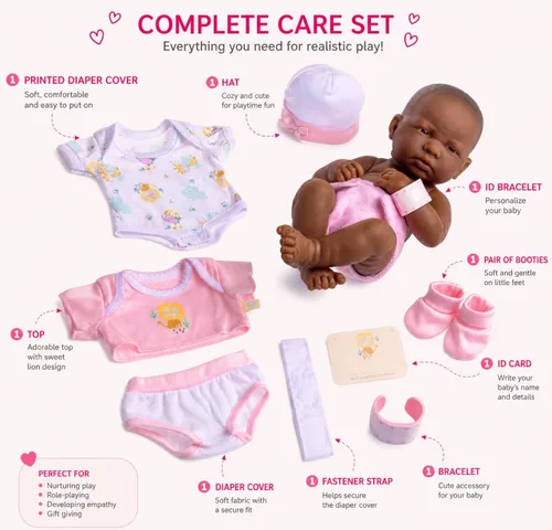 Miniatura 4 de JC Toys - Juego de regalo de 8 piezas de muñeca bebé Layette La Newborn Nursery Muñeca recién nacida afroamericana realista de 14 pulgadas