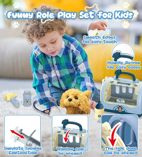 Miniatura 5 de TEUVO Juego de cuidado de mascotas con juguetes de perro robot para niños, 12 piezas de juguetes de juego veterinario para niños, kit