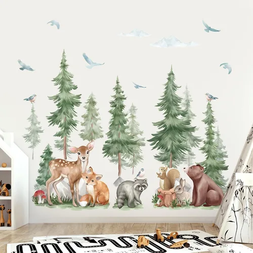 Miniatura 3 de Wondever Adhesivos de pared de árbol de montaña, árbol grande de pino, pegatinas de pared de arte con animales del bosque, oso, zorro, quitar