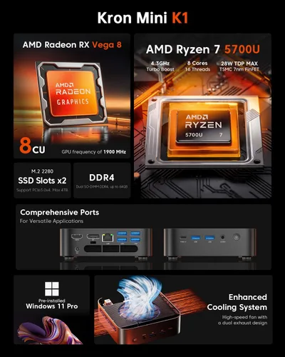 Miniatura 3 de ACEMAGICIAN Kron Mini K1 Mini PC, Ryzen 7 7730U, 32GB DDR4 512GB SSD Mini Computadoras (8C/16T, hasta 4.5Ghz), Pantalla Triple 4K Escritorio